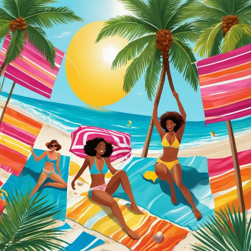 A sunny beach scene showcasing a diverse group of stylish individuals wearing vibrant two-piece swimwear, lounging on colorful beach towels, and playing beach volleyball. Include palm trees swaying in the gentle breeze and a background of crystal-clear waves shimmering under the sun. Capture the essence of summer with bright colors and joyful expressions. illustration, vibrant colors, tropical theme.