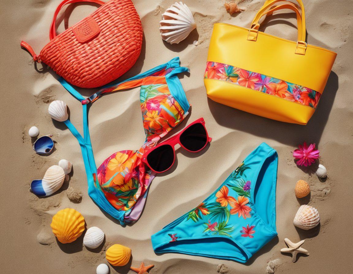 A stunning flat lay of vibrant swim and beach accessories, including colorful bikinis, stylish sunglasses, and trendy beach bags, all set against a sandy beach backdrop. Incorporate seashells and tropical flowers for an added touch of summer vibes. The scene should evoke a sense of fun and adventure by the ocean. bright and breezy. 3D. vibrant colors.